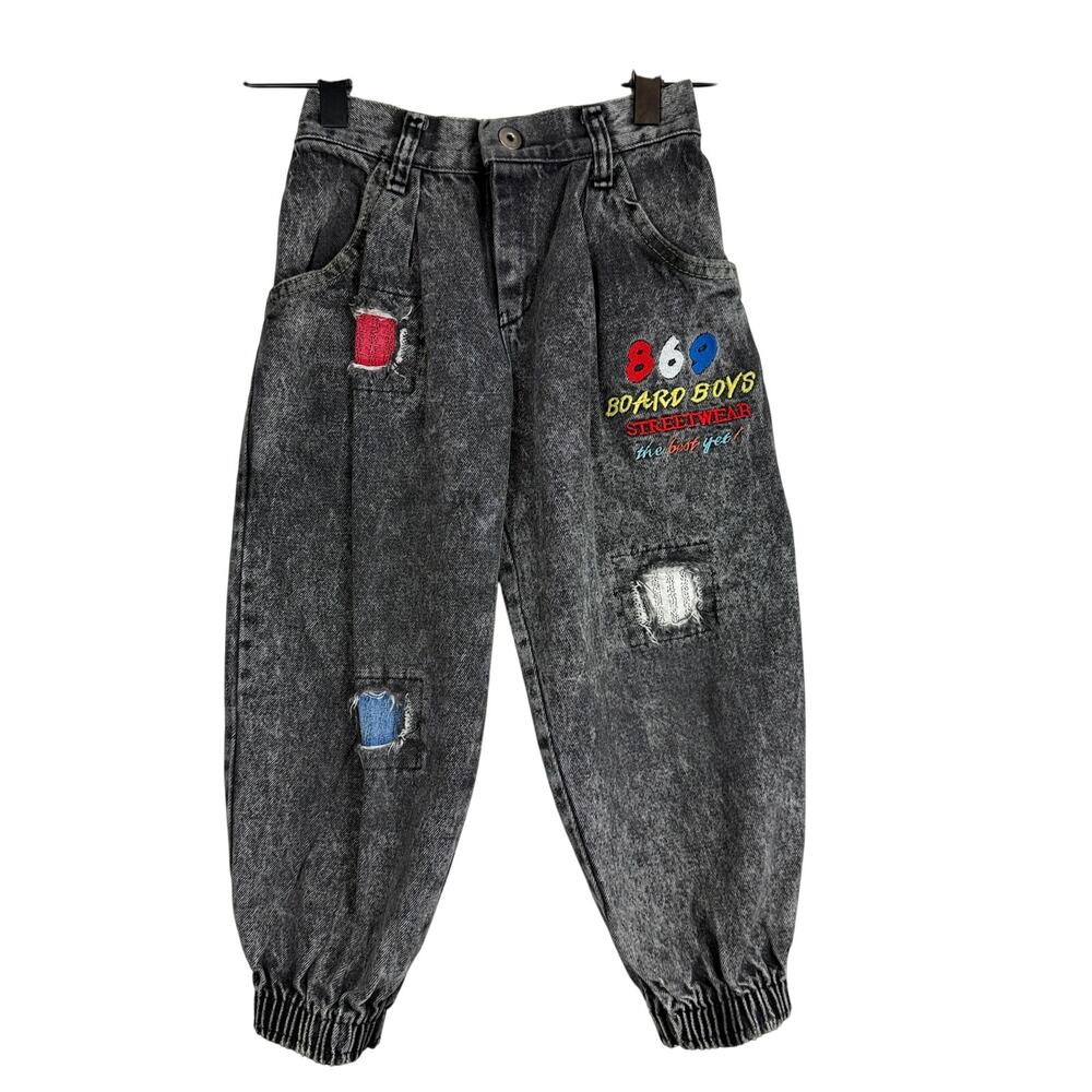 Vintage 90s Buster Brown Boys Parachute Baggy Jeans Board Boys Black Gray - 4 4T